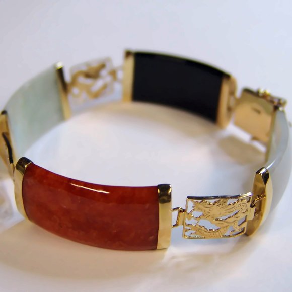 14K Gold Multi Jade Dragon Link Gemstone Bracelet Vintage - Picture 2 of 5
